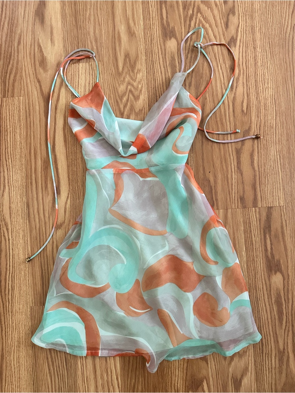 Saints + Secrets Abstract Mint Orange Swirl Cowl Neck Mini Dress